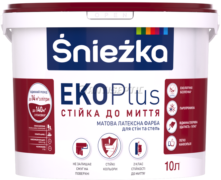 Краска матовая латексная стойкая к мытью Sniezka Eko Plus, 1 л, белый, матовый 1716339950 фото