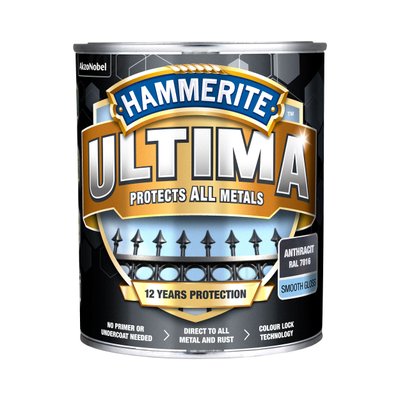 Защитная краска 3 в 1 по металлу на водной основе Hammerite Ultima Smooth, 0,7 л, антрацитово-серая, глянцевая 57747 фото