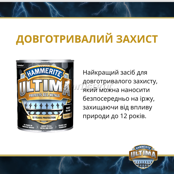 Захисна фарба 3 в 1 по металу на водній основі Hammerite Ultima, 0,7 л, антрацитово-сіра, глянцева 5774718 фото