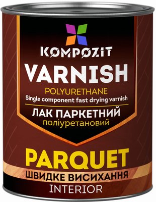 Лак паркетний поліуретановий з підвищеною твердістю та зносостійкістю Kompozit Parquet, 0,75 л, безбарвний, глянсовий 17988 фото